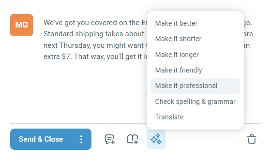 AI writer tool for composing customer responses