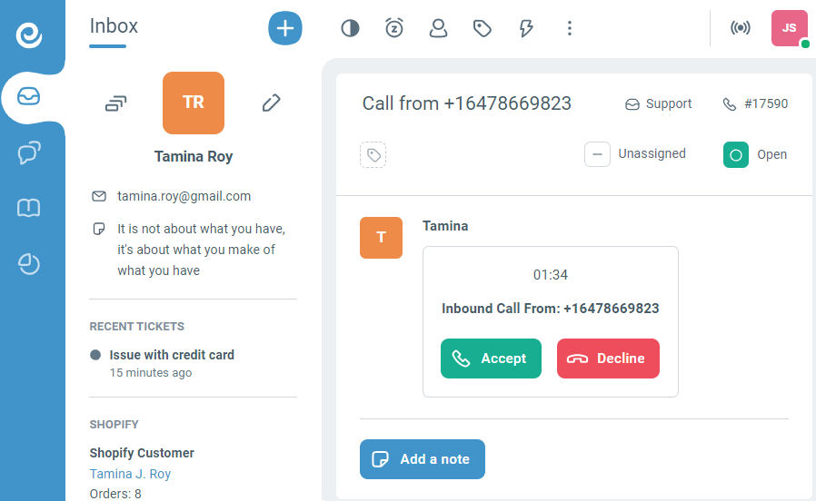 Incoming call ticket in shared inbox
