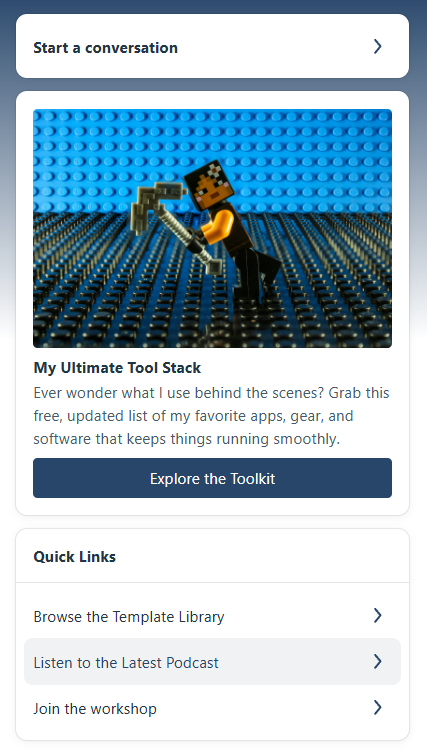 Hosted page showing multiple link buttons, a highlighted sponsored post card, and a contact form